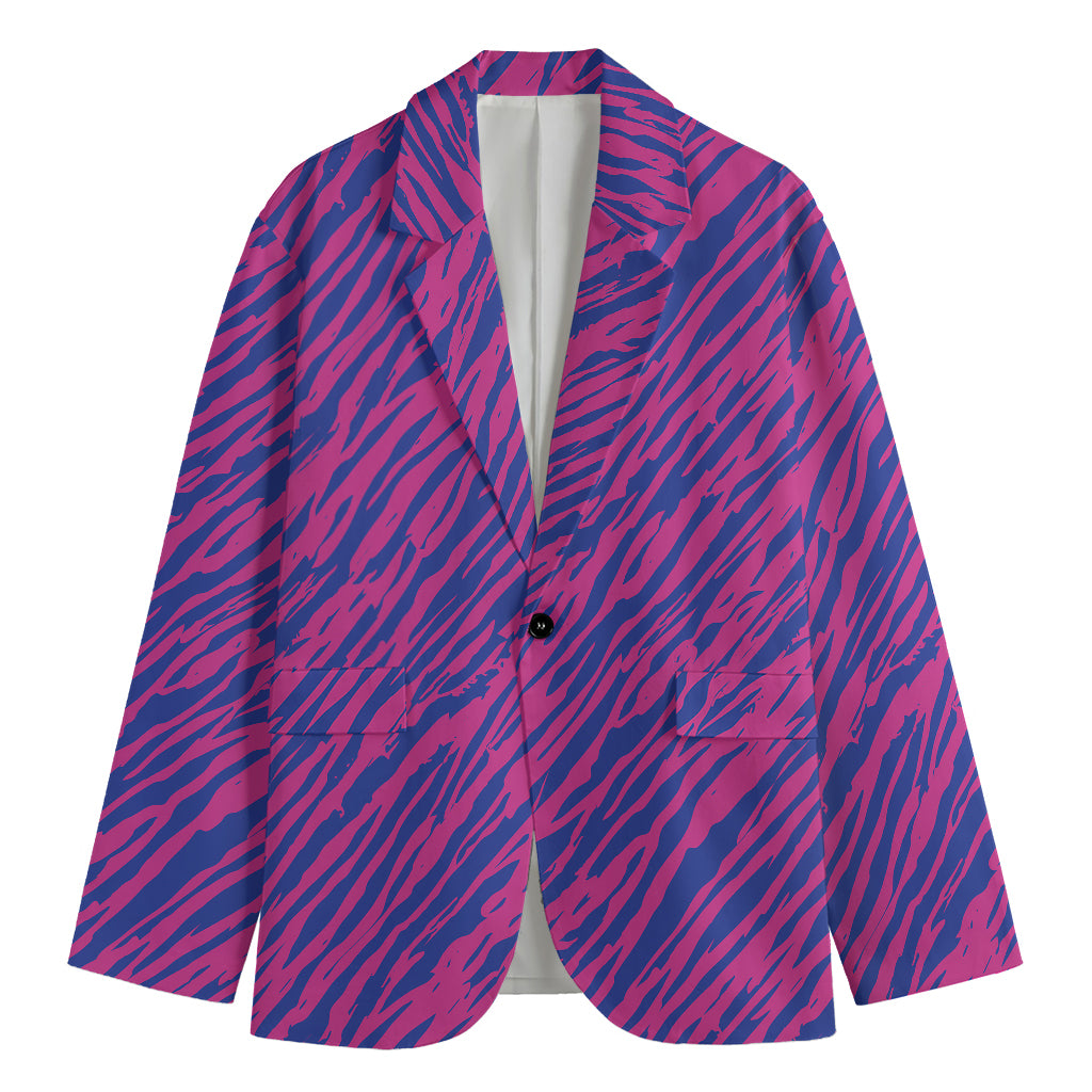 Pink And Blue Zebra Stripes Print Men's Blazer