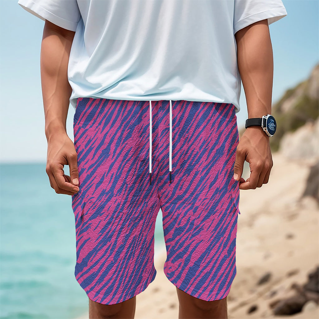 Pink And Blue Zebra Stripes Print Men's Cargo Shorts