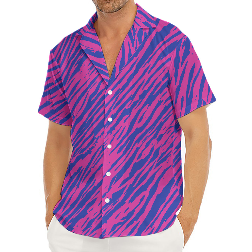 Pink And Blue Zebra Stripes Print Men's Deep V-Neck Shirt