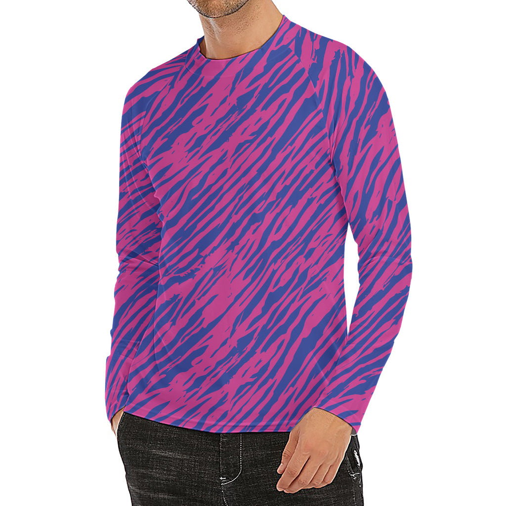 Pink And Blue Zebra Stripes Print Men's Long Sleeve Rash Guard