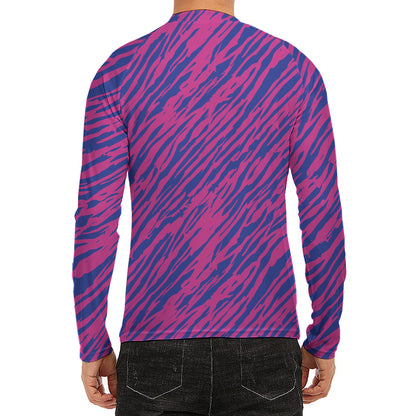 Pink And Blue Zebra Stripes Print Men's Long Sleeve Rash Guard