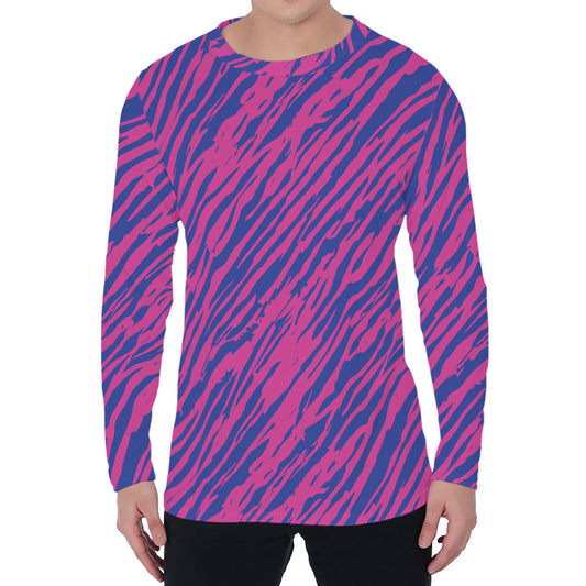 Pink And Blue Zebra Stripes Print Men's Long Sleeve T-Shirt