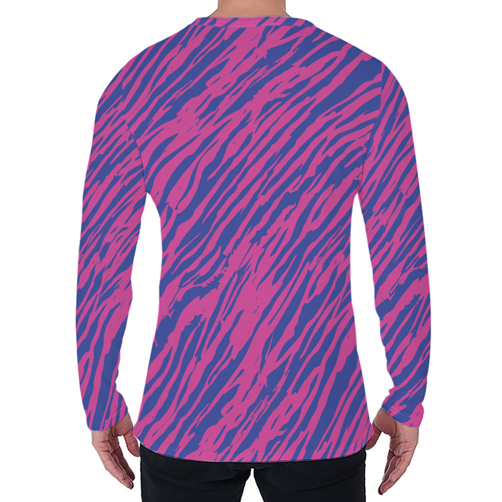 Pink And Blue Zebra Stripes Print Men's Long Sleeve T-Shirt