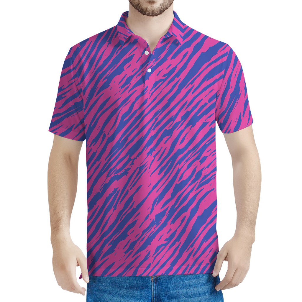 Pink And Blue Zebra Stripes Print Men's Polo Shirt