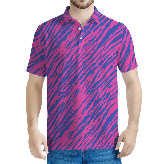 Pink And Blue Zebra Stripes Print Men's Polo Shirt