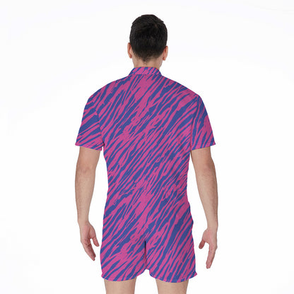 Pink And Blue Zebra Stripes Print Men's Rompers