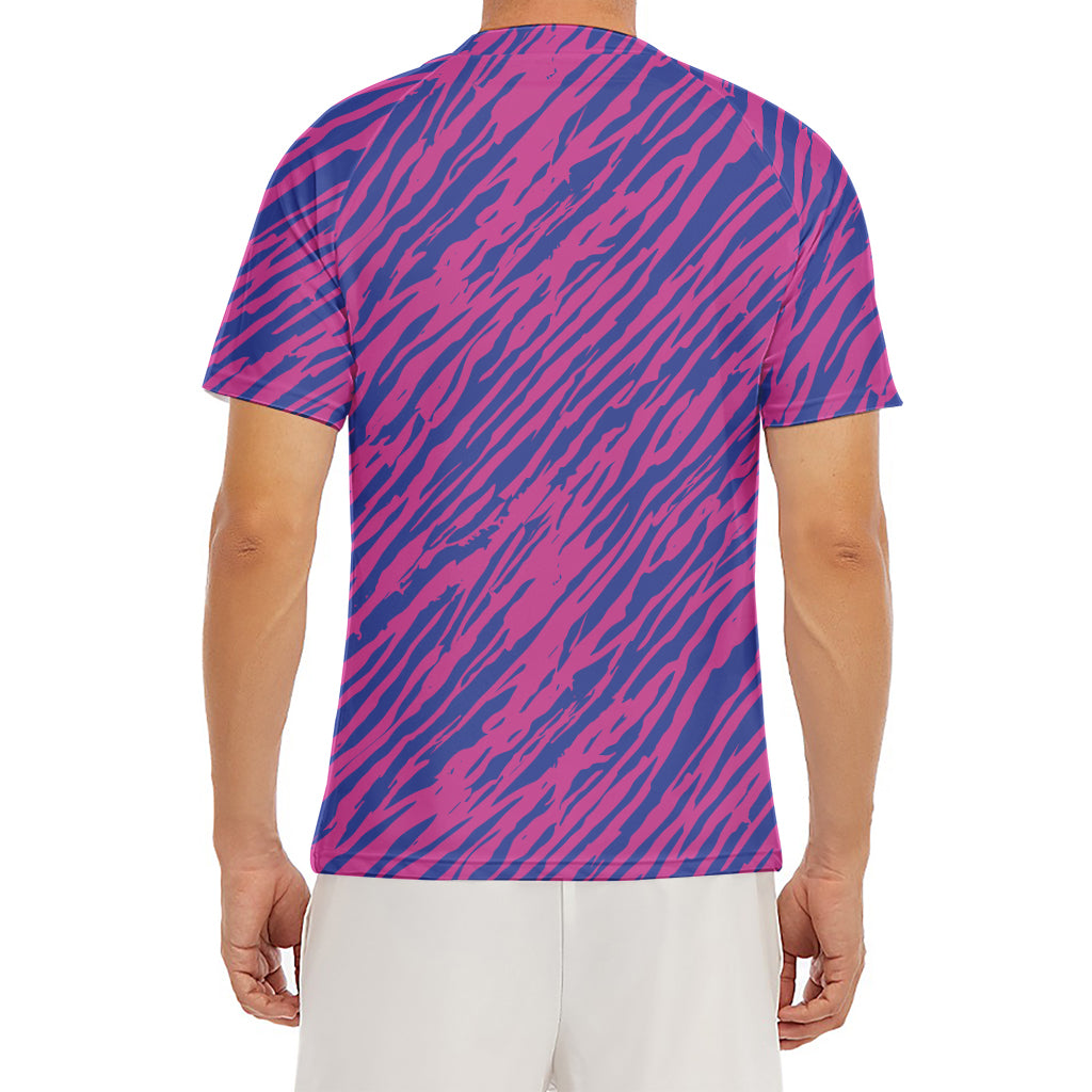 Pink And Blue Zebra Stripes Print Men's Short Sleeve Rash Guard
