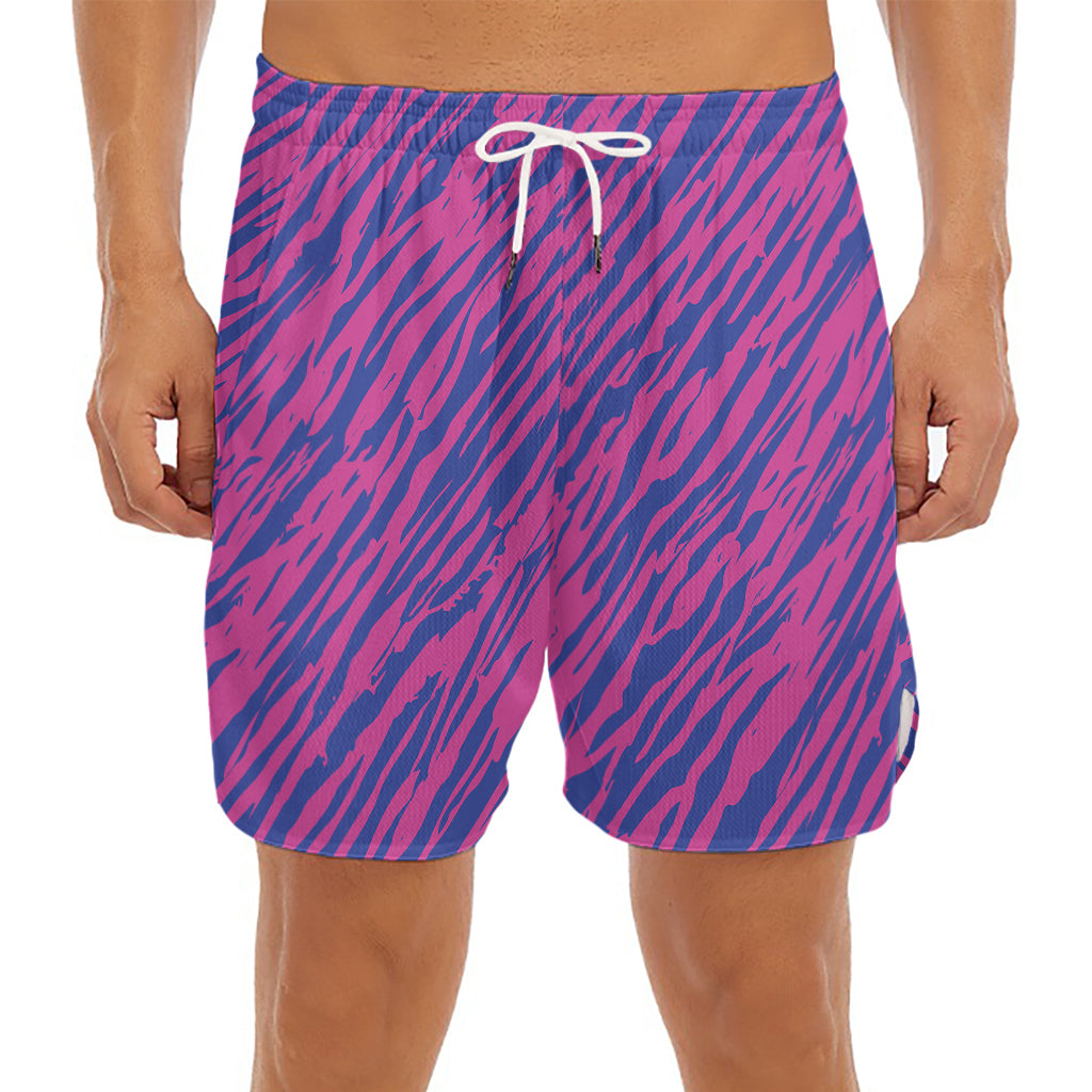 Pink And Blue Zebra Stripes Print Men's Split Running Shorts