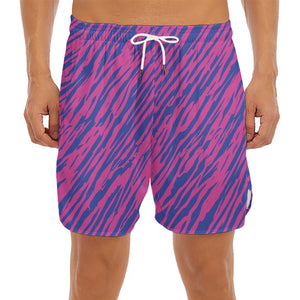 Pink And Blue Zebra Stripes Print Men's Split Running Shorts