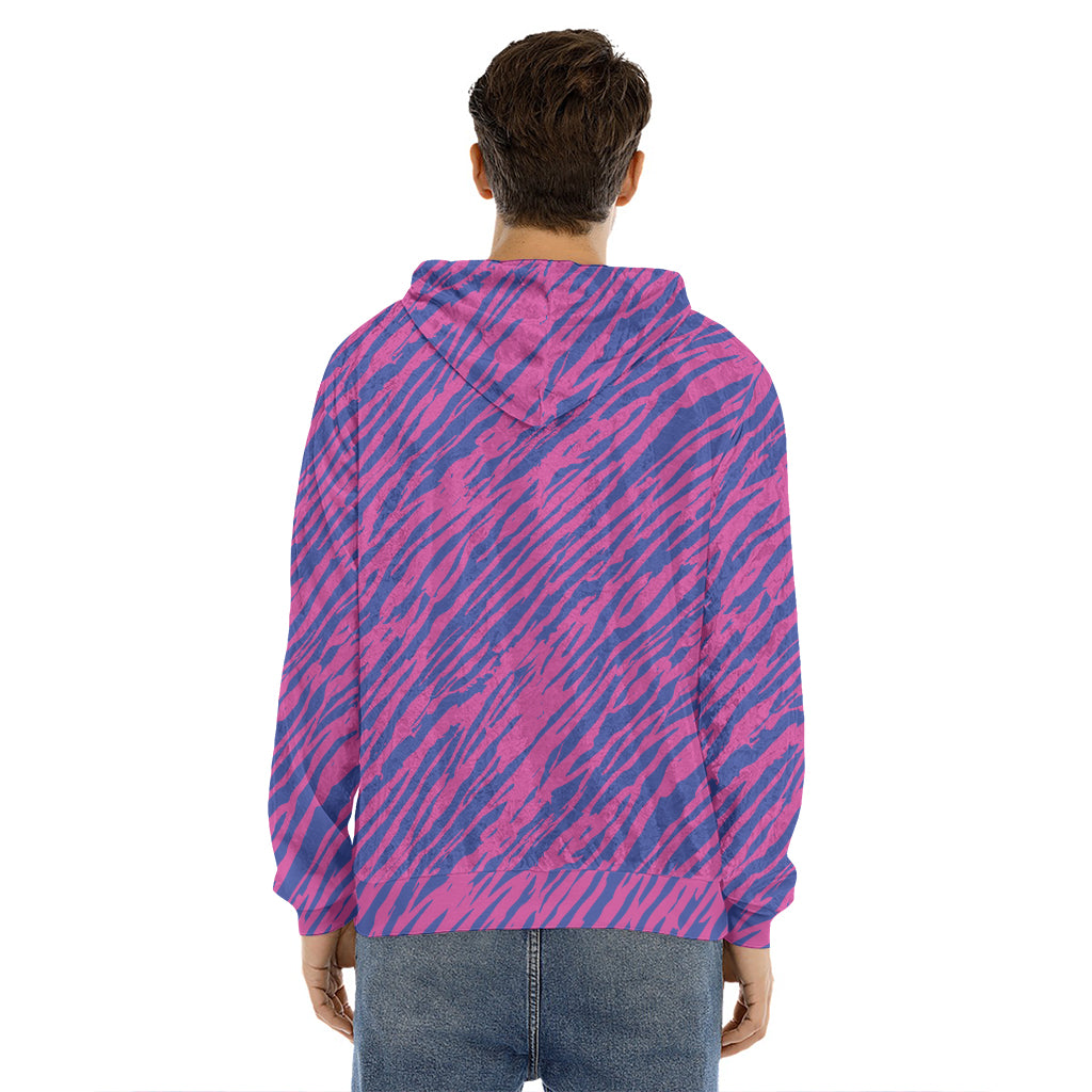 Pink And Blue Zebra Stripes Print Men's Velvet Pullover Hoodie