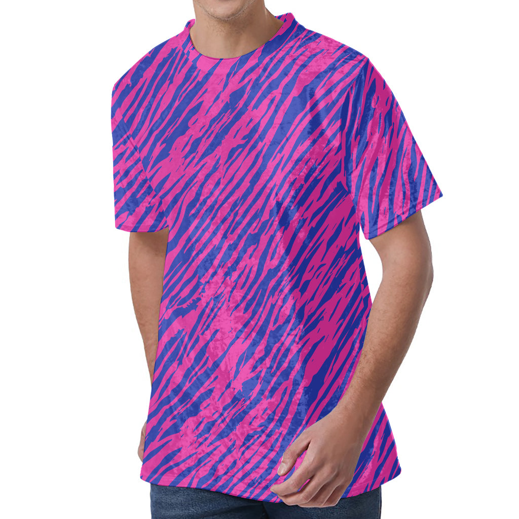 Pink And Blue Zebra Stripes Print Men's Velvet T-Shirt