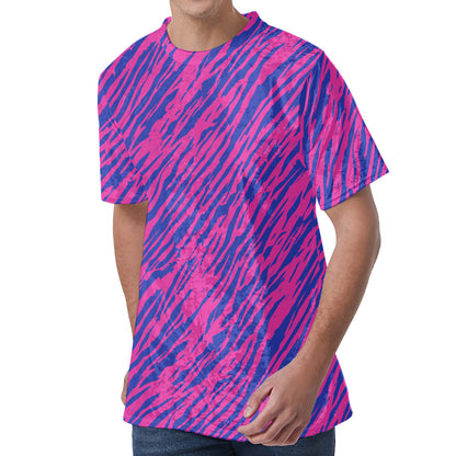 Pink And Blue Zebra Stripes Print Men's Velvet T-Shirt