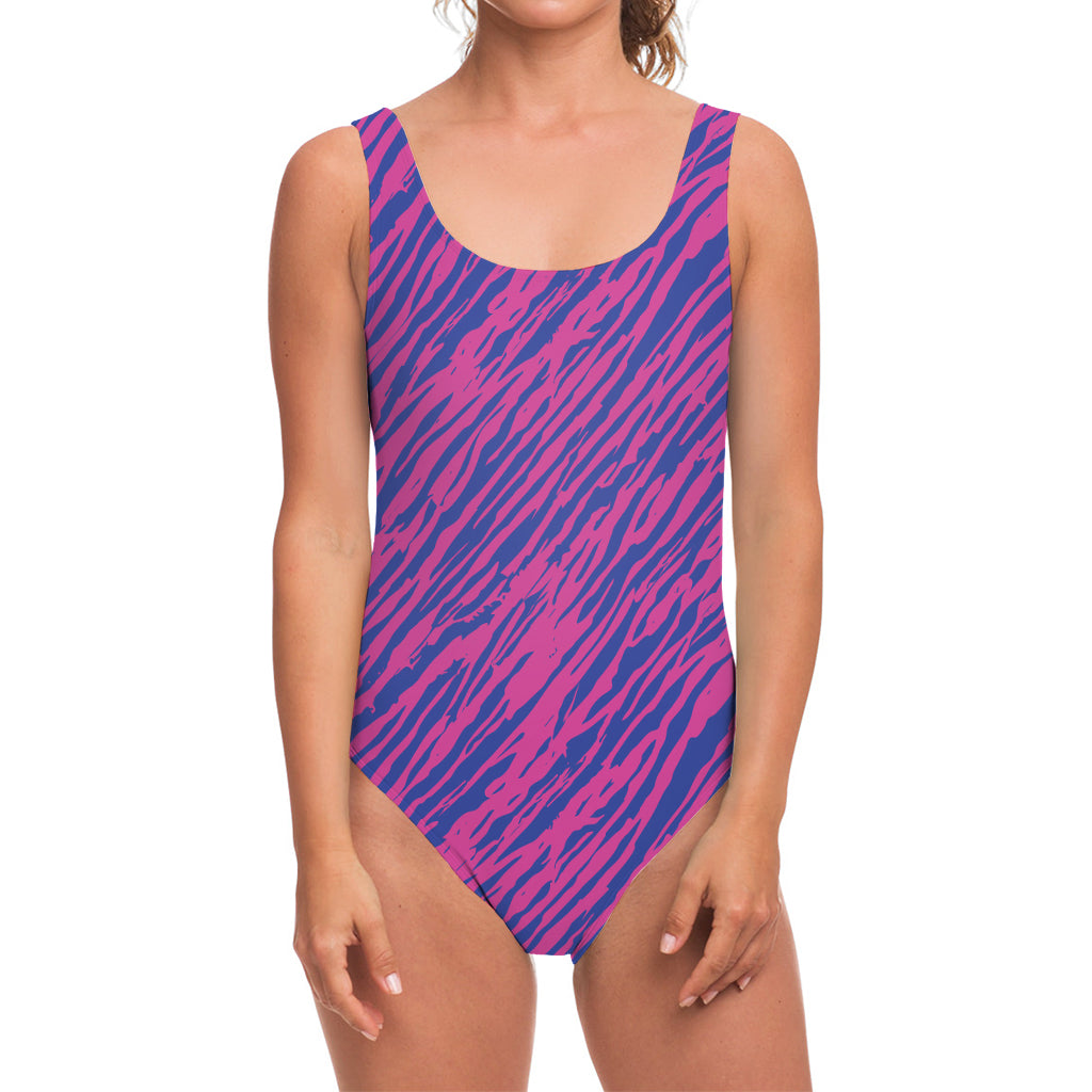 Pink And Blue Zebra Stripes Print One Piece Swimsuit