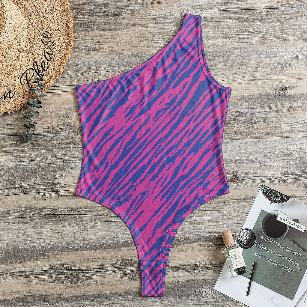 Pink And Blue Zebra Stripes Print One Shoulder Bodysuit