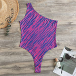 Pink And Blue Zebra Stripes Print One Shoulder Bodysuit