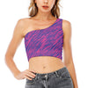 Pink And Blue Zebra Stripes Print One Shoulder Crop Top