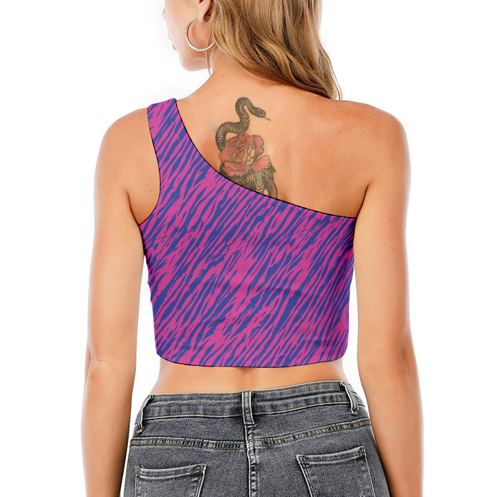 Pink And Blue Zebra Stripes Print One Shoulder Crop Top