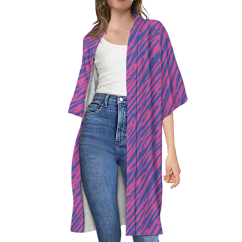 Pink And Blue Zebra Stripes Print Open Front Beach Cover Up