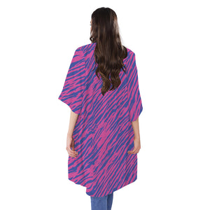 Pink And Blue Zebra Stripes Print Open Front Beach Cover Up