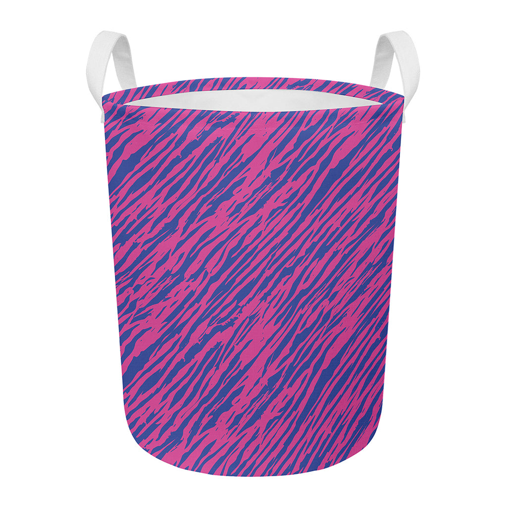 Pink And Blue Zebra Stripes Print Round Laundry Basket