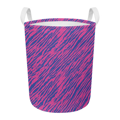 Pink And Blue Zebra Stripes Print Round Laundry Basket