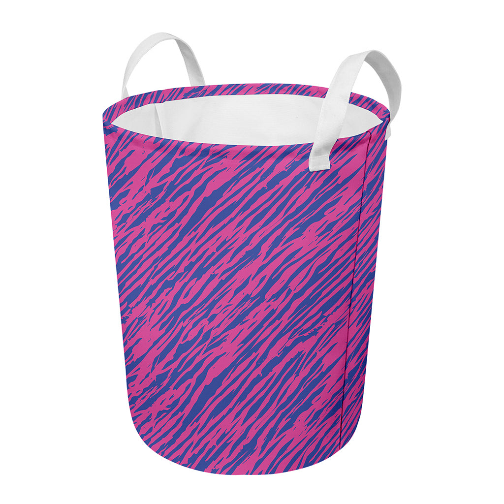 Pink And Blue Zebra Stripes Print Round Laundry Basket