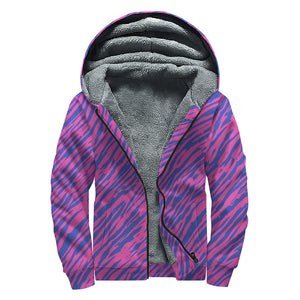 Pink And Blue Zebra Stripes Print Sherpa Lined Zip Up Hoodie