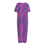 Pink And Blue Zebra Stripes Print Short Sleeve Long Nightdress