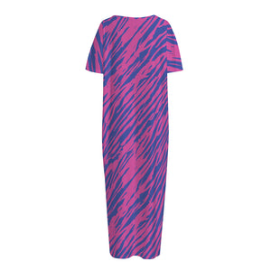 Pink And Blue Zebra Stripes Print Short Sleeve Long Nightdress