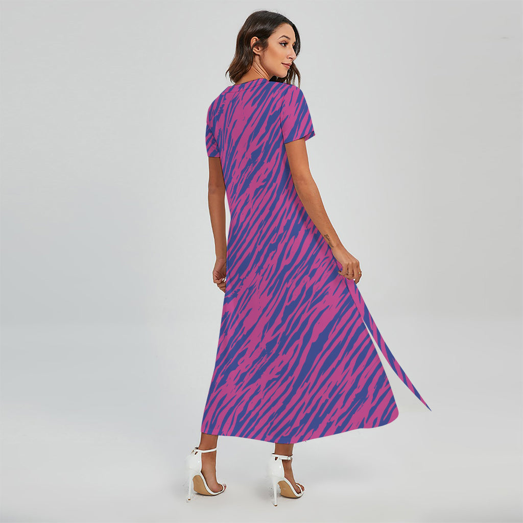 Pink And Blue Zebra Stripes Print Short Sleeve Maxi Dress