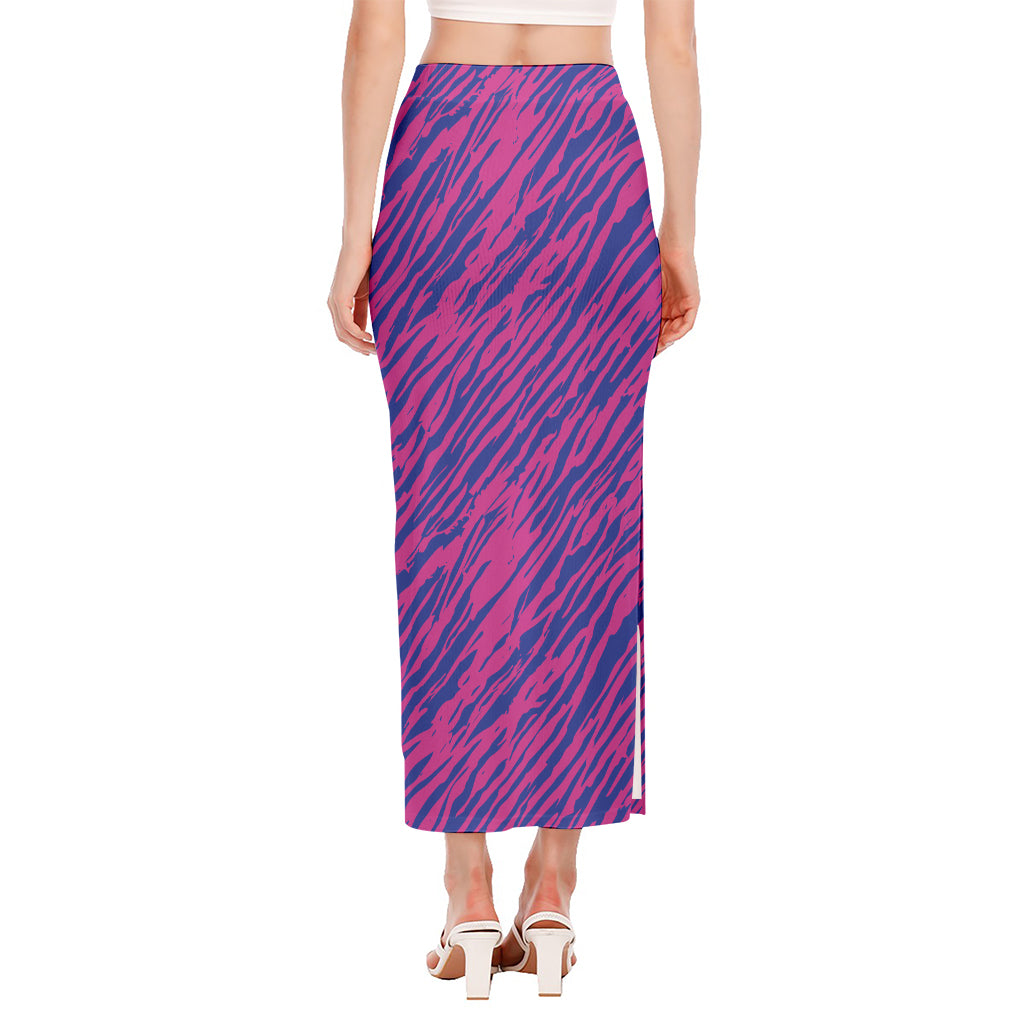 Pink And Blue Zebra Stripes Print Side Slit Maxi Skirt