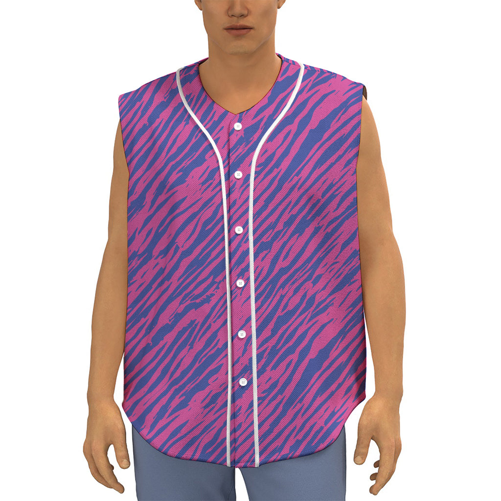 Pink And Blue Zebra Stripes Print Sleeveless Baseball Jersey