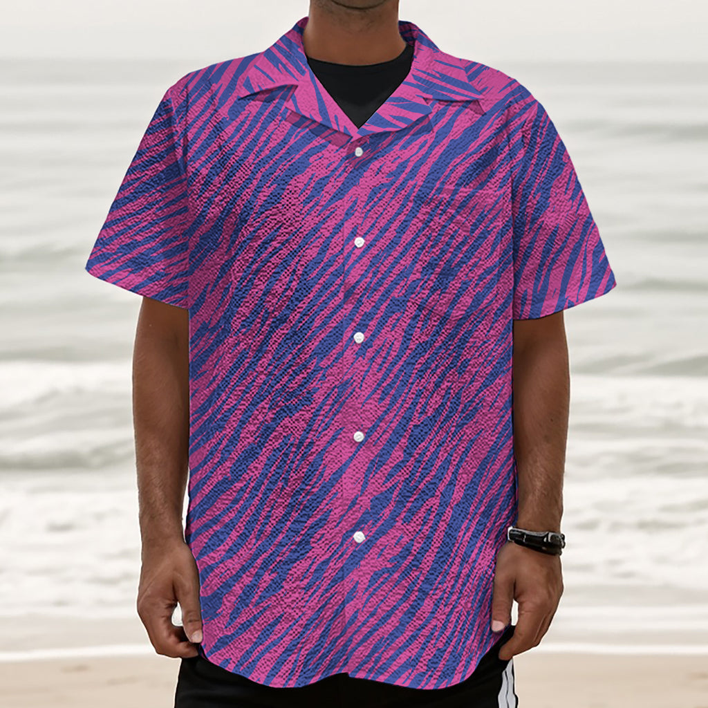 Pink And Blue Zebra Stripes Print Textured Short Sleeve Shirt