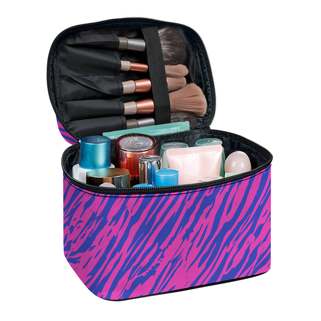 Pink And Blue Zebra Stripes Print Travel Makeup Bag