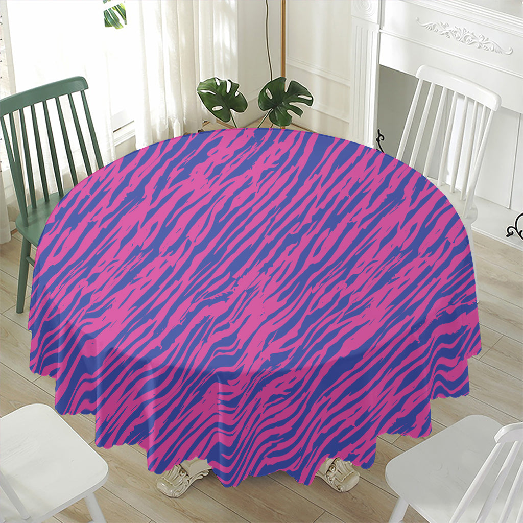 Pink And Blue Zebra Stripes Print Waterproof Round Tablecloth