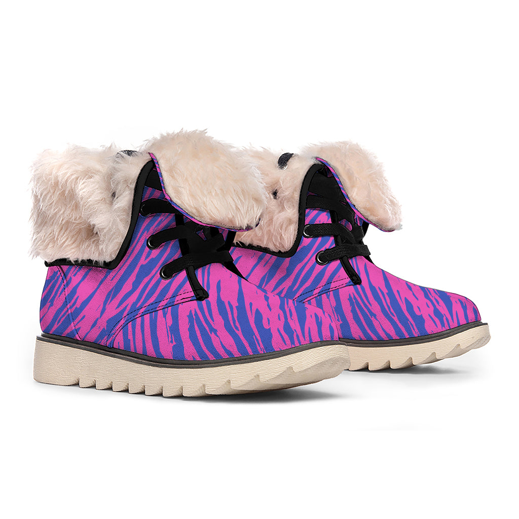 Pink And Blue Zebra Stripes Print Winter Boots