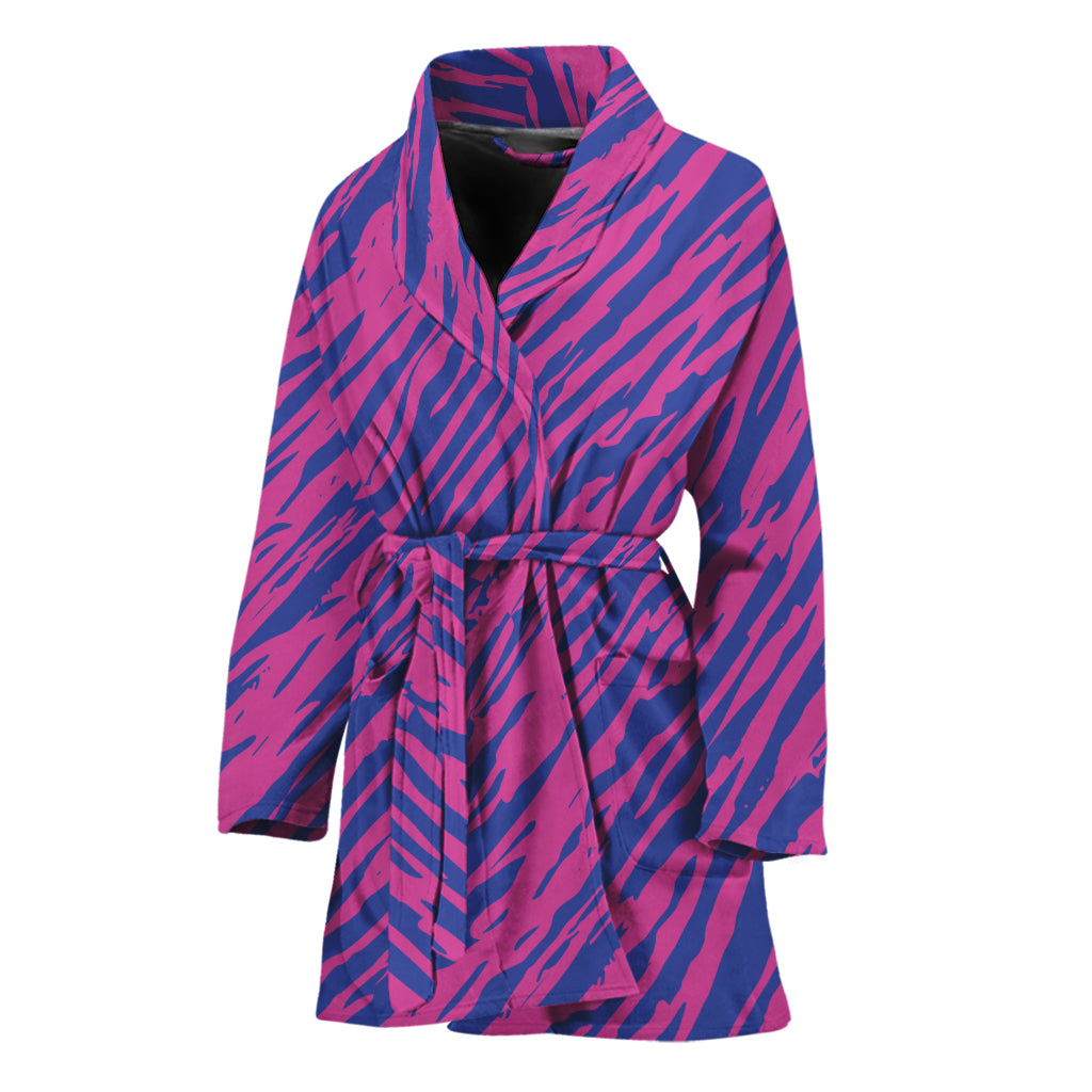 Pink And Blue Zebra Stripes Print Women's Bathrobe