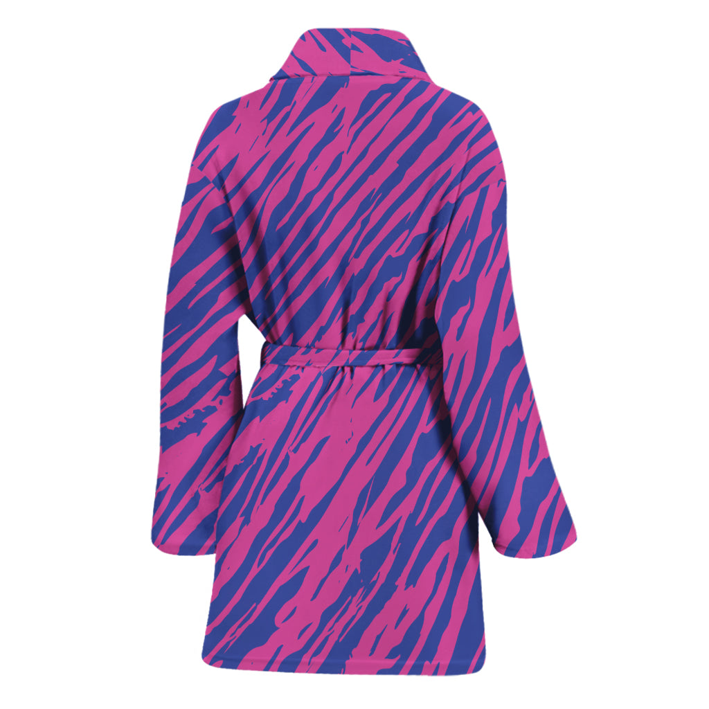 Pink And Blue Zebra Stripes Print Women's Bathrobe