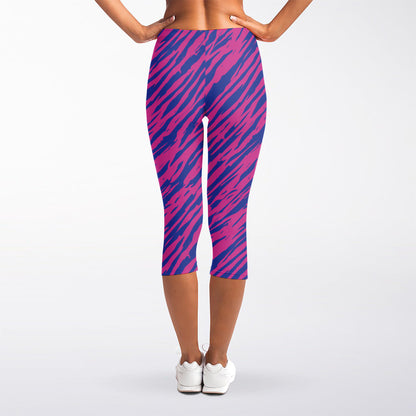 Pink And Blue Zebra Stripes Print Women's Capri Leggings