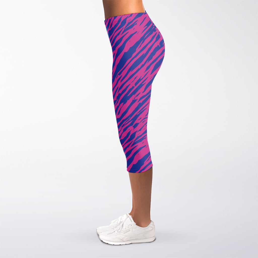 Pink And Blue Zebra Stripes Print Women's Capri Leggings