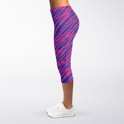 Pink And Blue Zebra Stripes Print Women's Capri Leggings
