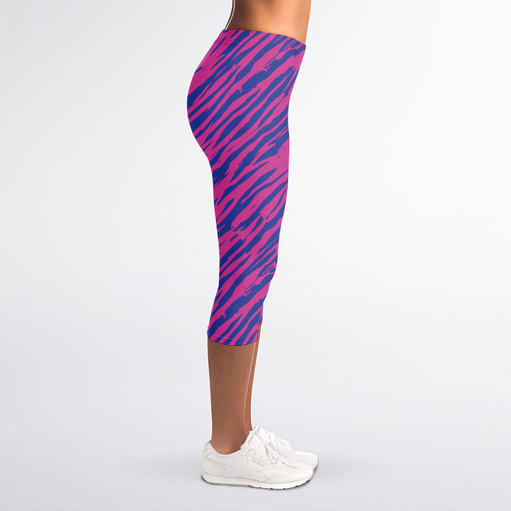 Pink And Blue Zebra Stripes Print Women's Capri Leggings
