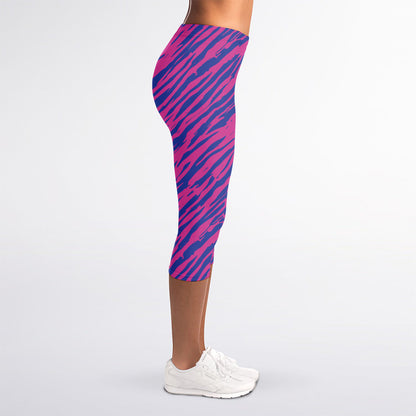 Pink And Blue Zebra Stripes Print Women's Capri Leggings