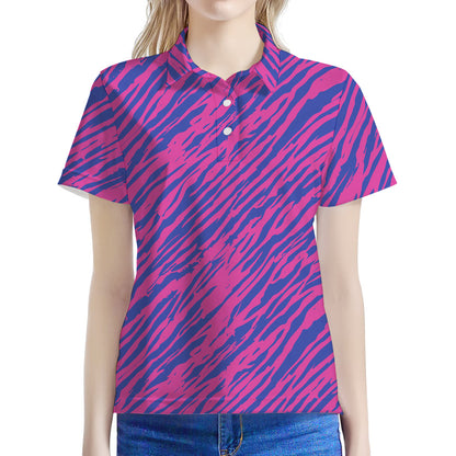 Pink And Blue Zebra Stripes Print Women's Polo Shirt