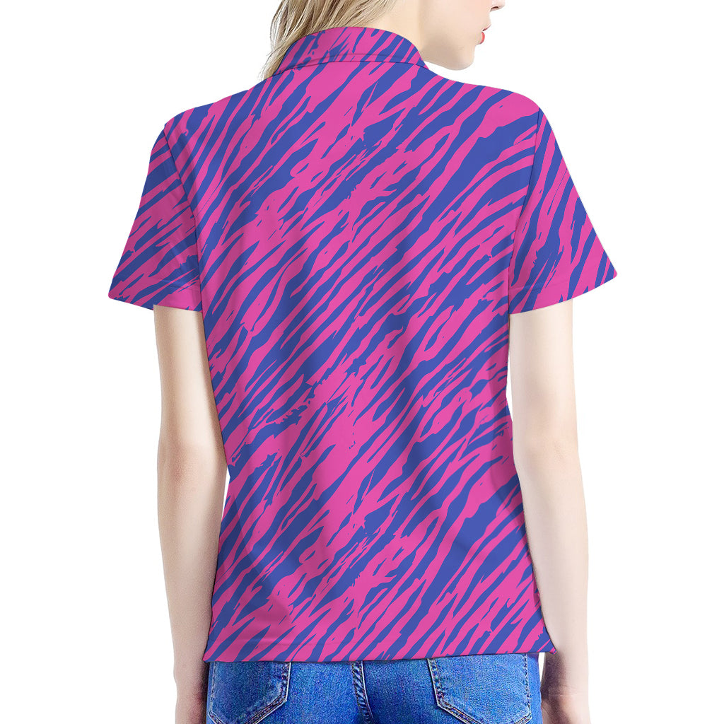 Pink And Blue Zebra Stripes Print Women's Polo Shirt