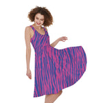 Pink And Blue Zebra Stripes Print Women's Sleeveless Dress