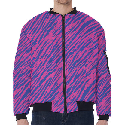 Pink And Blue Zebra Stripes Print Zip Sleeve Bomber Jacket