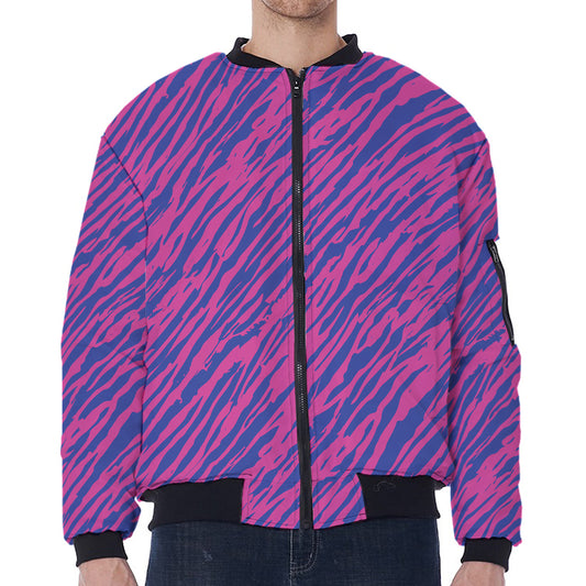 Pink And Blue Zebra Stripes Print Zip Sleeve Bomber Jacket