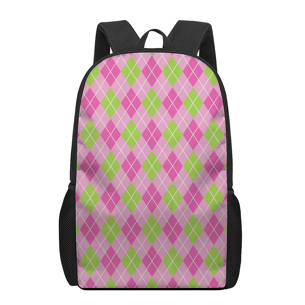 Pink And Green Argyle Pattern Print 17 Inch Backpack