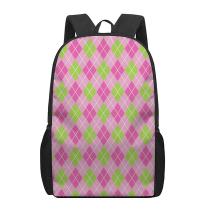 Pink And Green Argyle Pattern Print 17 Inch Backpack